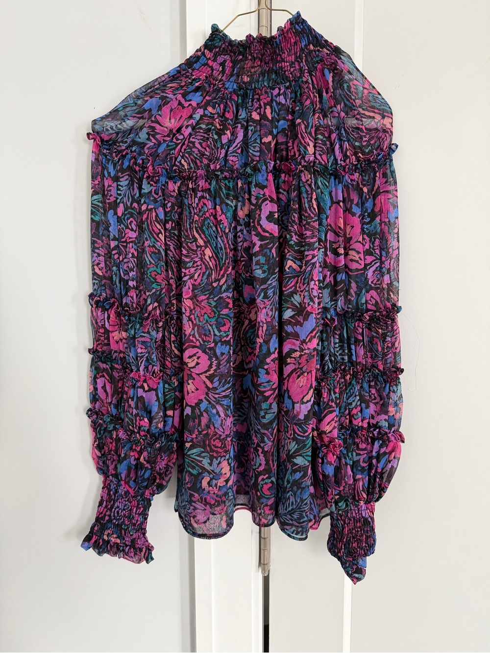 Floral Sheer  Blouse in Fuchsia & Blue